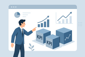 Fototapeta premium Businessman analyzing Key Performance Indicators on interactive dashboard. KPI metrics, data analysis for business strategy, growth chart. Performance management, financial report, success.