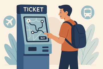 Man buying ticket at self-service machine. Tourist traveler purchasing transport pass using interactive kiosk with map route. Passenger at automated terminal. Vector illustration.