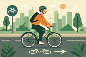 Sustainable city cycling illustration. Man riding bicycle on bike lane. Urban mobility, eco-friendly transport, healthy lifestyle concept. Green city, bike to work, cyclist vector.
