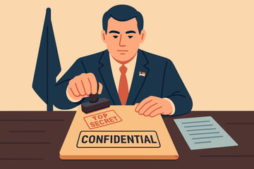 Secrecy concept. Government official, president, or CEO stamping confidential, top secret document. Classified information, authority, politics, bureaucracy, data protection vector.