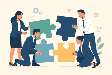 Business team connecting puzzle pieces. Metaphor for teamwork, collaboration, and problem-solving. Strategic partnership and corporate solution. Unity and achievement concept.