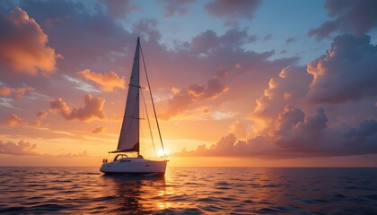 White Sailboat at Sunset on a Dramatic Ocean