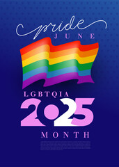 LGBT Pride Month 2025 concept. Freedom rainbow flag 2025 with hearts. Gay parade vector annual summer event. Happy pride month horizontal banner with pride striped ribbon flag.