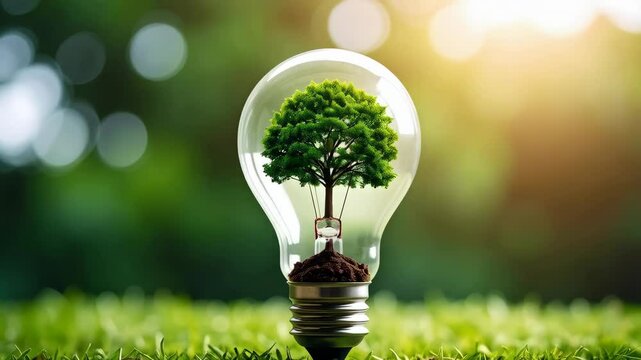 Conceptual image of a vibrant green tree growing inside of a lightbulb on grass illustrating renewable energy and environmental conservation