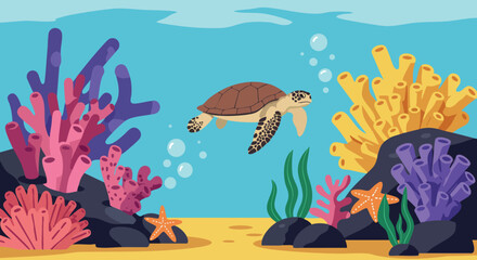 Sea turtle swimming among colorful coral reef underwater marine life vector illustration 
