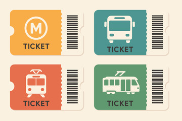Vector transit ticket collection: Metro, bus, and tram icons. Public transport pass set with barcodes for urban travel, commute, and passenger admission. Flat design.