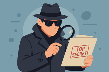 Undercover detective, secret agent investigating. Man in trench coat, hat, sunglasses with magnifying glass reads top secret document. Espionage, mystery, confidential files concept.
