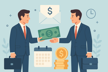 Businessmen making financial transaction. Concept of payment, salary, or investment. Two men in suits exchanging dollar bill. Icons of money, calendar, clock, envelope. Corporate deal.