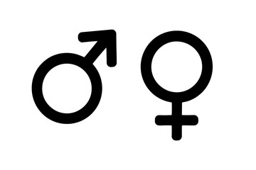 Male and Female gender symbols vector illustration. Mars and Venus icons representing man and woman. Sex, relationship, and equality concept. Black silhouette design element.