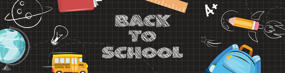 School background with education icons, chalk grid, yellow bus, blue backpack, creative learning concept