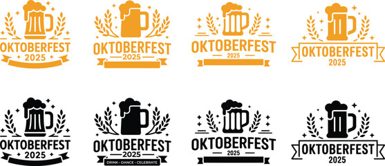 Collection of oktoberfest 2025 beer mug badge logo, festival icons for t shirts, posters, banners, party merchandise and design elements