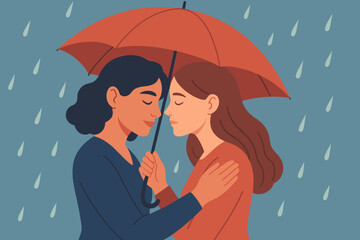 Two women under an umbrella in the rain, lesbian couple or close friends showing affection and support. Romantic, loving embrace illustration. Concepts: care, intimacy, togetherness, empathy.