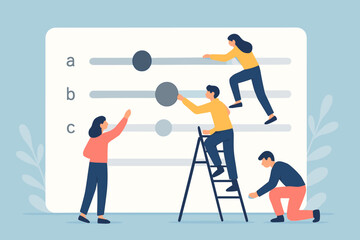 Teamwork interface adjustment. People collaborating control panel settings. User experience optimization. Customization project. Business solution. UI UX design. Tiny adjustments.