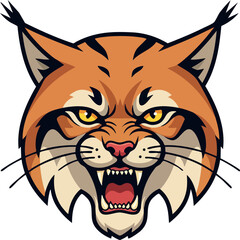 Fototapeta premium Fierce wild bobcat head snarling with sharp teeth and intense yellow eyes vector illustration 