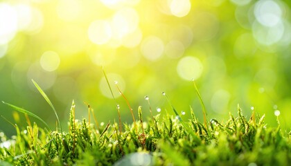 Obraz premium Close-up of dewy grass and moss in sunlight