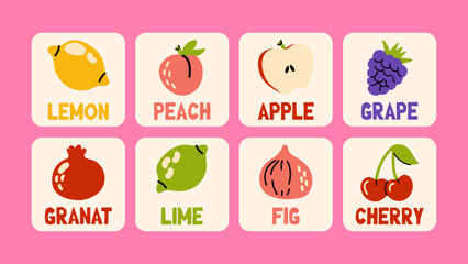Bright educational flashcards for kids with fruit names. Cute illustrations of apple, cherry, lemon, grape, pomegranate, fig, and more. 