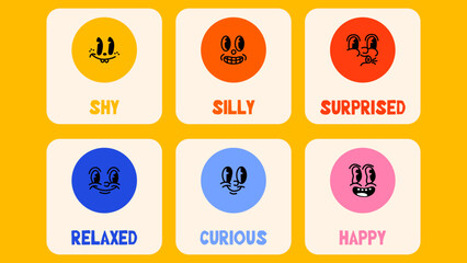 Bright educational flashcards for kids with emotional faces and names. Fun and colorful set of expressive cartoon characters in a modern doodle style. 