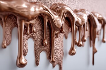A mesmerizing cascade of liquid chocolate flows down a textured wall, pooling on a reflective surface, creating a sensory indulgence for chocolate lovers.