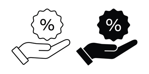 Set of Simple hand holding a percent icon collection. discount, Hand holding percentage symbol.