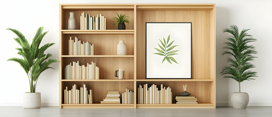 Fototapeta premium Light Wood Bookshelf With Plants And Art Print