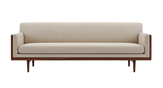 Beige sofa with wooden frame on transparent background