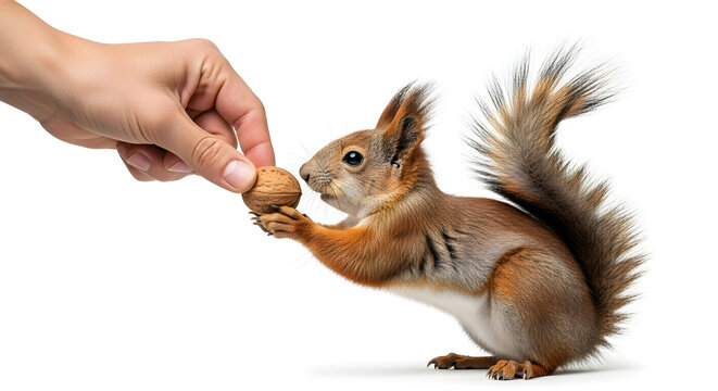 Squirrel reaching out to grasp walnut from human hand on white background