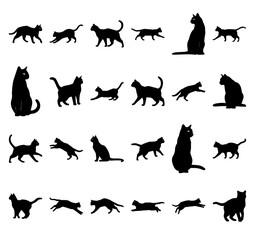 Vector Cat Silhouettes Collection in Various Poses for Pet Design Themes Isolated on White Background