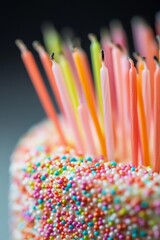A cake with many candles on it, with the candles being in different colors