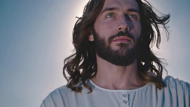Face of Jesus Christ Close-up: Young Man with Beard, Blinking Eyes. Christianity, Catholicism, Hope and faith concept