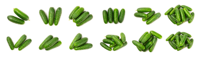 Cucumber isolated on white background. Slice of cucumber on white background. Fresh organic green cucumbers. Vegan. Ingredient for salad. Farm vegetables.