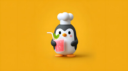 A cute cartoon penguin chef holds a pink drink with a straw and mint leaf, standing against a bright orange background.
