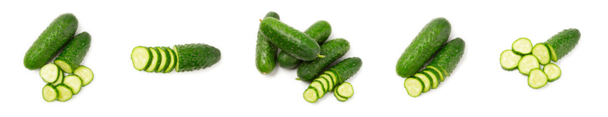 Cucumber isolated on white background. Slice of cucumber on white background. Fresh organic green cucumbers. Vegan. Ingredient for salad. Farm vegetables.