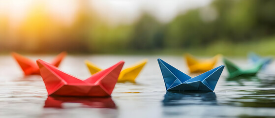 Colorful Paper Boats Floating On Water