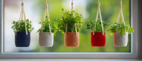 Fototapeta premium Colorful Crochet Hanging Planters With Plants
