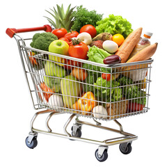 Full shopping cart of groceries isolated on white background