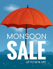 vertical template for monsoon sale, postcard with umbrella and rain