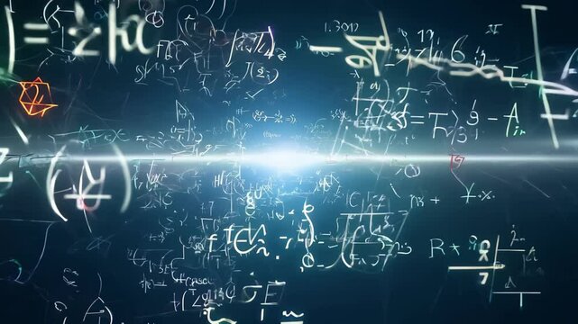Matrix of Glowing Mathematical Symbols and Formulas with Complex Diagrams and Figures on Dark Blue Background. Concept of science, physics, complex equations, data analysis, futuristic learning - Powered by Adobe