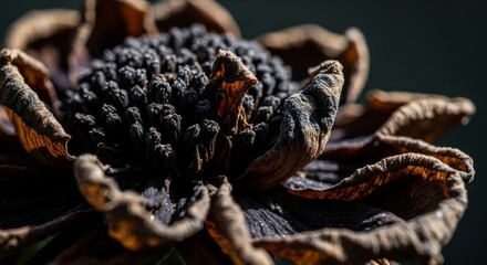 Fototapeta premium Close-up of withered dark flower with textured petals in contrast lighting