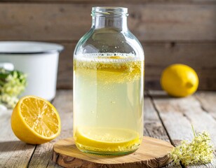 Homemade fermented elderflower soda with lemon in glass bottle – rustic fermentation drink on wooden table