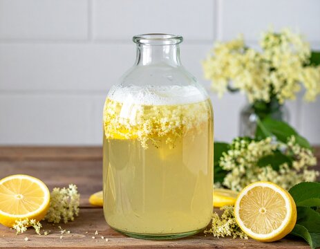 Fermenting elderflower lemonade in glass jar with lemon and blossoms &ndash; healthy homemade probiotic drink