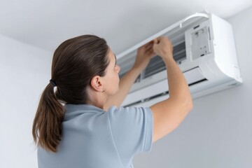 Technician servicing air filtration unit, ensuring optimal indoo