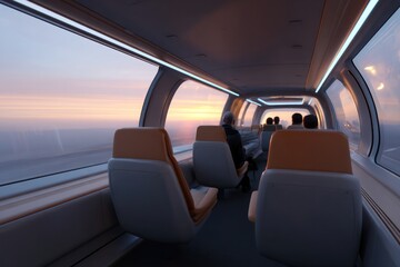 Fototapeta premium Modern interior showcases large windows and sleek seating, offer