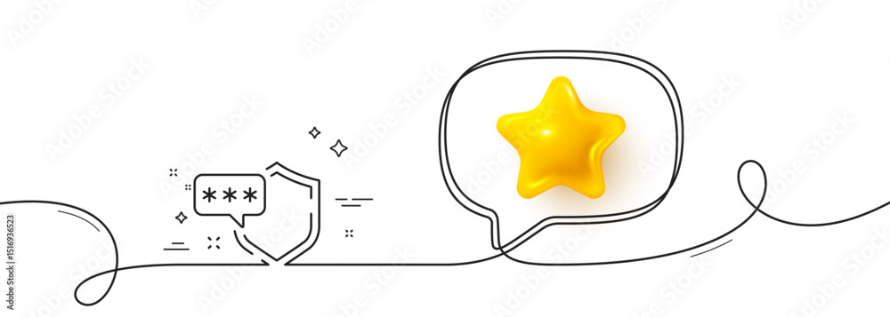 Poster shield line icon. continuous line with 3d star. privacy secure sign. safe defense symbol. 3d star in