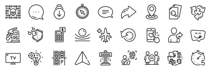 Inspect, Timer and Equality line icons pack. Share, Message, Paper plane icons. Recovery data, Calculator, Binary code web icon. Heart rating, Petrol station, Attraction pictogram. Vector