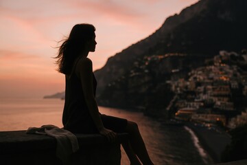 Serene sunset overlooking amalfi coast with silhouette contemplation