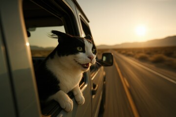 Cat's joyful journey on a sunny road trip adventure