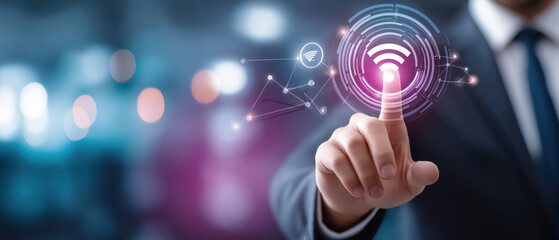 Businessman engaging with futuristic digital interface technology