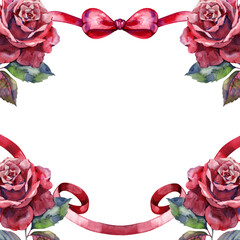 Greeting card with roses, watercolor, can be used as invitation card for wedding, birthday and other