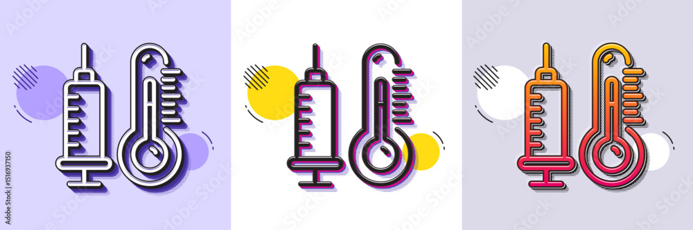 Poster thermometer with vaccine line icon. halftone dotted pattern. gradient icon with grain shadow. temper