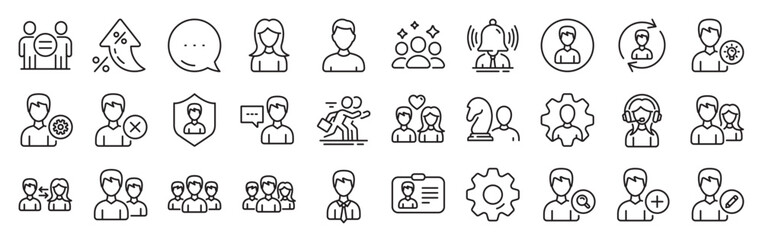 User people line icons. Settings gear, Message, Inflation icons. Male and Female Profile, Group and Support icons. ID card, Teamwork people and Businessman symbols. Vector